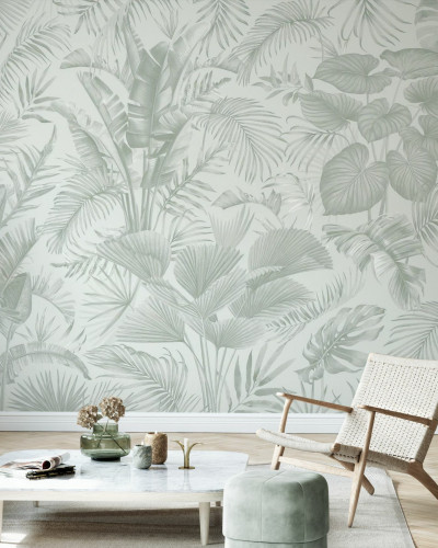 Fototapet cu design floral în nuanțe de verde într-un living modern