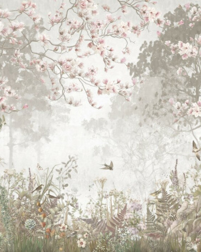 Fototapet bej cu design floral într-un interior elegant