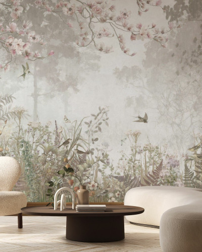 Fototapet bej cu design floral într-un interior elegant