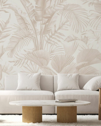 Fototapet bej cu frunze tropicale în living modern