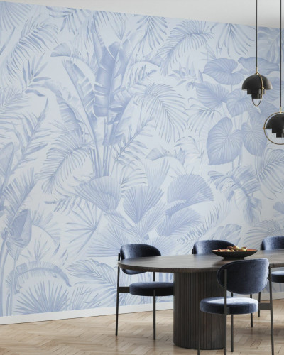 Fototapet cu model tropical albastru în interior modern