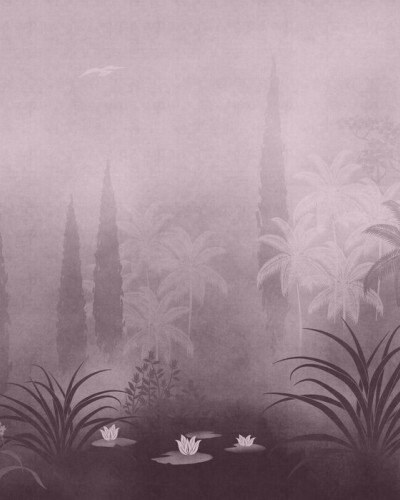 Fototapet cu design floral mov într-un dormitor