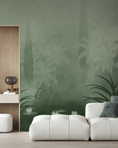 Fototapet tropical verde cu palmieri și vegetație luxuriantă