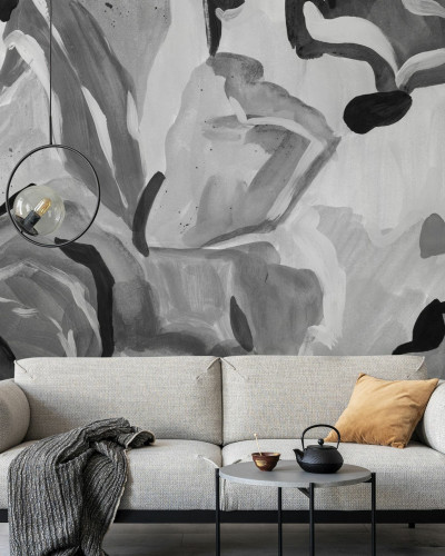 Fototapet abstract botanic în alb și negru într-un living modern