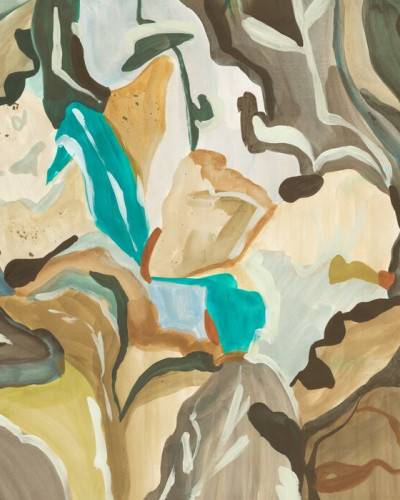 Fototapet abstract cu motive botanice multicolore într-un dormitor modern