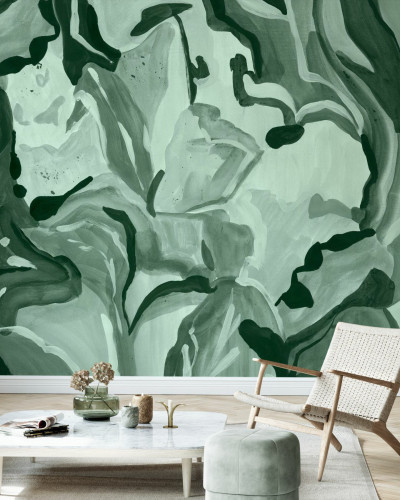 Fototapet cu design botanical abstract în nuanțe de verde