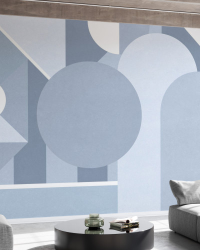 Fototapet cu model geometric albastru deschis într-un living modern