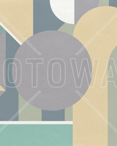 Fototapet cu model geometric în culori pastelate într-o bucătărie modernă