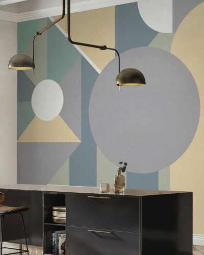 Fototapet cu model geometric în culori pastelate într-o bucătărie modernă