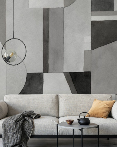 Fototapet cu ilustrație geometrică alb-negru într-un living modern