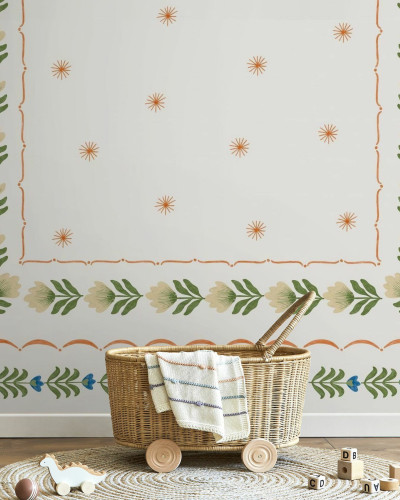 Fototapet cu design floral alb și verde, ideal pentru camera copilului