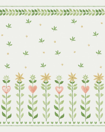 Tapet cu model floral și frunze pe fundal alb, ideal pentru decorarea camerei copiilor