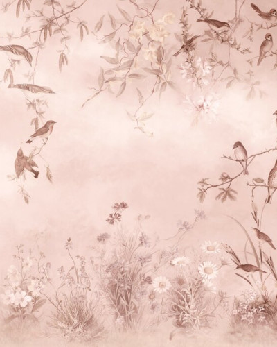 Fototapet cu design floral și păsări, nuanțe de roz