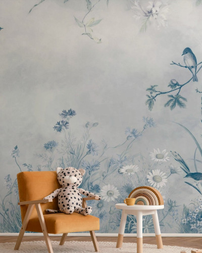 Fototapet floral cu motive naturale albastre