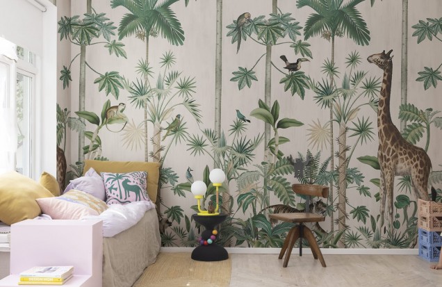Giraffe's Stroll, Pastel Pink, Rebel Walls Wallpaper
