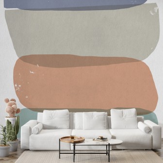 Tapet Mid Century Thick lines - personalizat, cu linii groase, geometrice, în nuanțe de bej, gri și albastru.