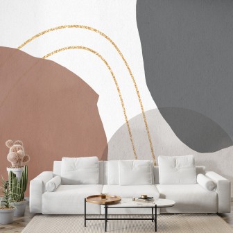 Tapet cu design geometric minimalist, Mid Century Intense I, cu forme organice si accente aurii pe fundal alb.