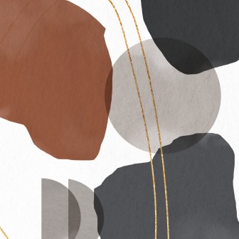 Tapet cu design geometric minimalist, Mid Century Intense I, cu forme organice si accente aurii pe fundal alb.