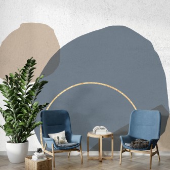 Tapet cu design abstract și forme organice, nuanțe de bej și albastru.