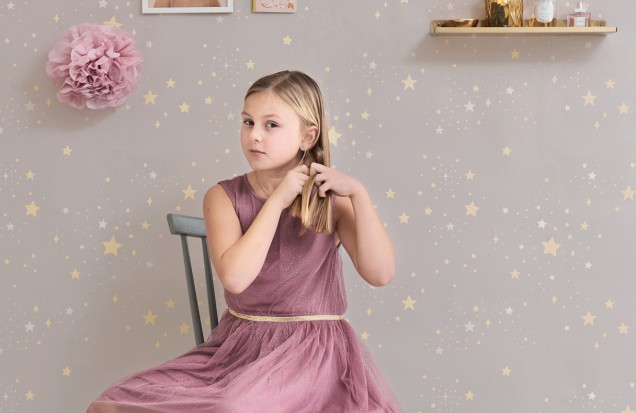 Twinkle Dusty Lilac Wallpaper - Golden Star Wallpaper for Children's Room