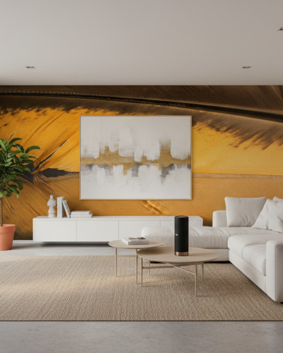 O cameră de zi modernă, luminoasă, cu un perete accent decorat cu un fototapet personalizat cu o pană mare, galben-aurie, de cocoș. Pe perete este amplasat un dulap alb și un tablou abstract. Canapea modulară bej și covor asortat completează decorul.