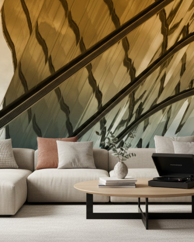 Fototapet abstract Patterned Lineage Study - personalizat, cu design arhitectural auriu-turcoaz într-un living modern, cu canapea bej și măsuță de cafea.