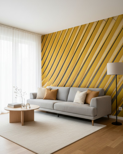 Fototapet Linear Contours cu design abstract de linii galben-muștar și gri pe peretele unui living modern, cu o canapea gri și măsuță de cafea din lemn deschis.