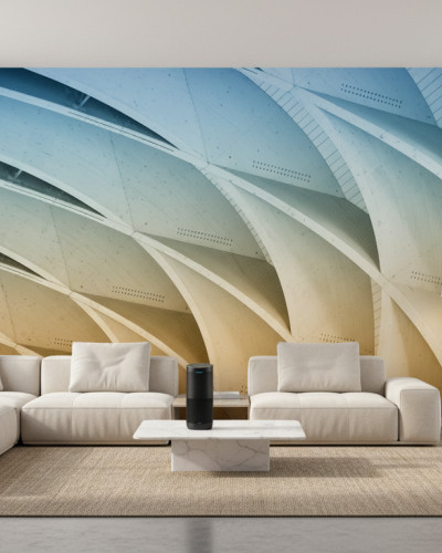 Fototapet Lineage Motif personalizat cu design geometric abstract și degrade albastru-auriu, instalat într-un living modern cu canapea albă și plante