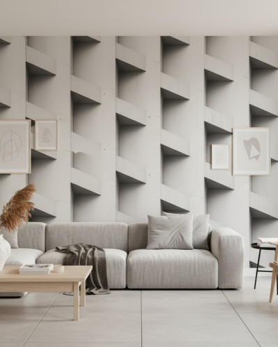 Tapet fototapet cu model geometric 3D, monocrom, pe peretele unui living modern, cu canapea gri, măsuță de cafea din lemn și decor minimalist.