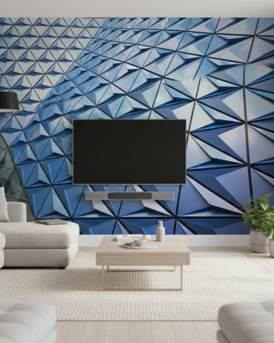 Living modern cu fototapet geometric albastru intens, cu efect 3D, montat pe peretele central, completat de o canapea gri și plante decorative.