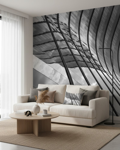 Fototapet personalizat Lineage Patterns Canvas cu design arhitectural abstract în alb-negru, pe peretele unui living modern cu canapea bej și măsuță de cafea din lemn.