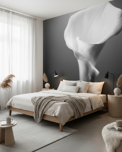 Fototapet personalizat Silver Calla Grain într-un dormitor modern cu pat, noptiere și perdele albe, prezentând o floare de cală albă pe un fundal gri închis.