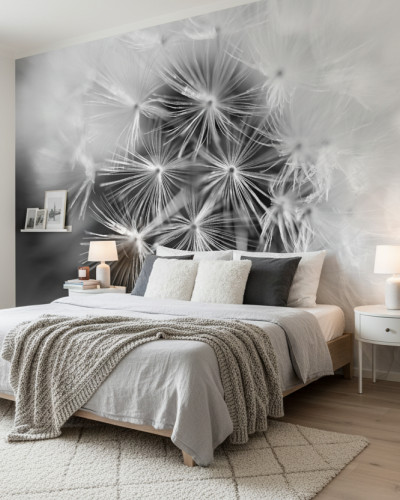Fototapet personalizat Whisper Bloom Macro Dreams cu păpădie macro alb-negru, aplicat pe peretele din spatele patului într-un dormitor modern cu lenjerie gri și mobilier alb.