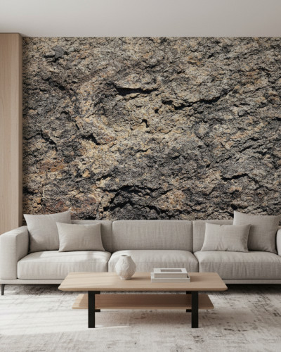 Fototapet personalizat Vintage Granite Patina pe peretele unui living modern, cu canapea gri, măsuță de cafea din lemn și decor minimalist.