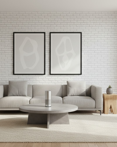 Living modern cu tapet textură cărămidă albă, canapea gri, măsuță de cafea rotundă, lampadar negru și două tablouri abstracte. Interior minimalist, luminos, stil loft.