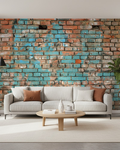 Fototapet personalizat Urban Patina Loft într-un living modern cu canapea gri, măsuță de cafea din lemn, plantă verde și lampadar negru. Perete de cărămidă veche cu vopsea turcoaz scorojită.