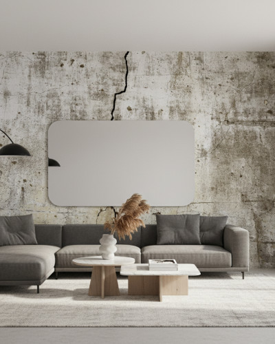 Fototapet personalizat Urban Fracture Wall cu efect de beton degradat și fisură, montat într-un living modern cu canapea gri, măsuțe de cafea și lampadar negru.