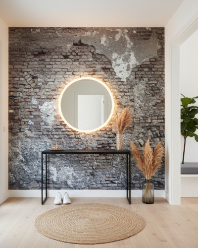 Intrare modernă cu fototapet personalizat 'Aged Brick Story' pe un perete, prezentând cărămidă veche patinată. Oglindă rotundă iluminată, consolă neagră, covor de iută și decorațiuni cu iarbă de pampas completează decorul industrial chic.