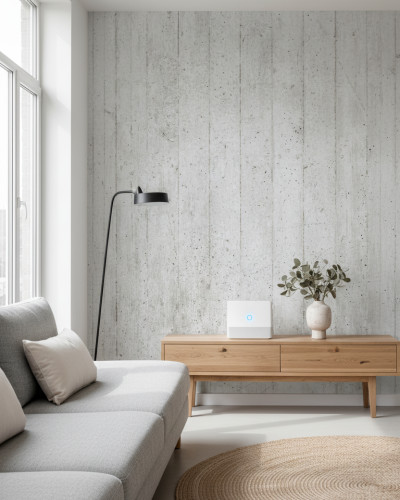 Living modern cu tapet personalizat Urban Loft Foundation cu aspect de beton, canapea gri, mobilier din lemn deschis și lampadar negru, decor minimalist și luminos.
