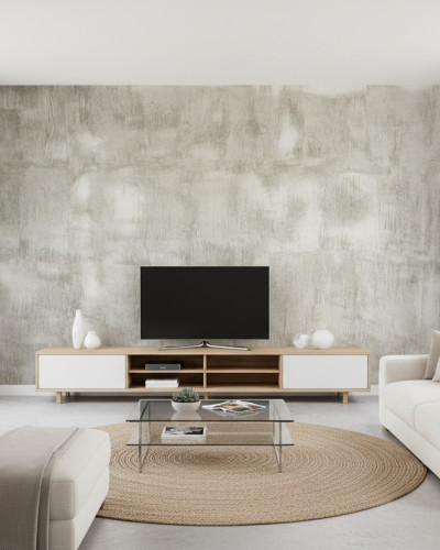 Living modern cu perete accent decorat cu fototapet Urban Concrete Loft personalizat, imitând betonul, mobilier minimalist, canapele bej și covor rotund din iută.