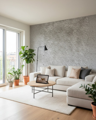 Tapet personalizat Urban Grit cu textură de beton gri pe peretele accent al unui living modern, cu canapea bej, masă rotundă din lemn și plante verzi.
