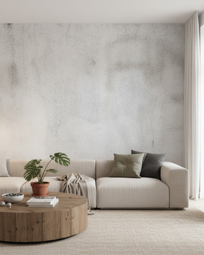 Living modern amenajat cu tapet fototapet personalizat cu textură de beton gri deschis, canapea bej, măsuță de cafea din lemn și lampadar negru.