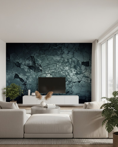 Living modern cu fototapet Urban Ruin Texture personalizat, perete accent gri-verzui, mobilier minimalist.