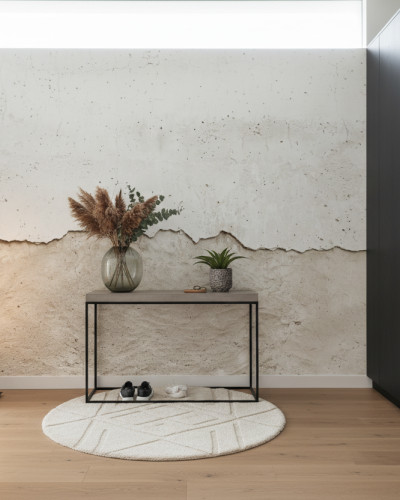 Interior modern cu perete decorat cu tapet Worn Concrete Canvas – personalizat, imitând beton uzat, masă consolă minimalistă, lampă verticală și covor rotund.