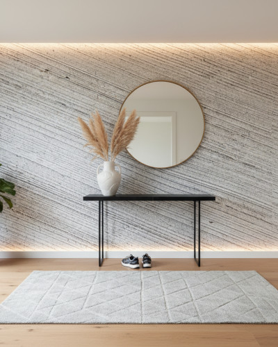 Hol modern cu tapet texturat Urban Grit Canvas gri, oglindă rotundă aurie, consolă minimalistă neagră și plantă de interior verde. Design urban-chic.