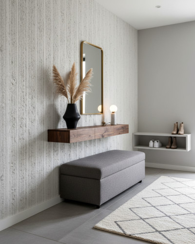 Hol modern decorat cu tapet Urban Scarred Cement, consolă din lemn suspendată, oglindă aurie și bancă gri, creând o atmosferă minimalistă și industrială.