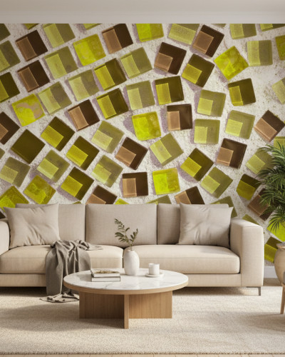 Fototapet Prism Shard H - personalizat, cu model geometric abstract, fragmente 3D în nuanțe de verde măsliniu și maro, instalat pe peretele unui living modern cu canapea bej și plante.
