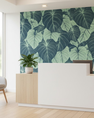 Imagine cu un perete acoperit cu fototapet Gilded Tropic Canopy - personalizat, ce prezintă un model cu frunze tropicale mari în nuanțe de verde mentă și teal, într-o zonă de recepție modernă cu birou alb și scaune gri.