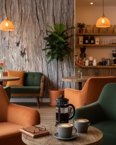 Interior modern de cafenea cu fototapet ce imită lemn vechi, patinat, creând un perete accent. Scaune confortabile în culori de verde smarald și portocaliu teracotă, lămpi suspendate din ratan și detalii de cafea completează ambianța caldă și naturală.