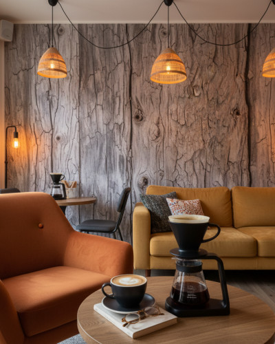Fototapet cu textura lemnului vechi, noduri și crăpături, decorând un perete într-un living modern cu canapea galbenă și fotoliu portocaliu.